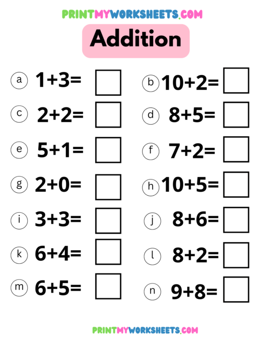 Simple Addition Worksheet for Kindergarten | Free Math PDF Download for Kids