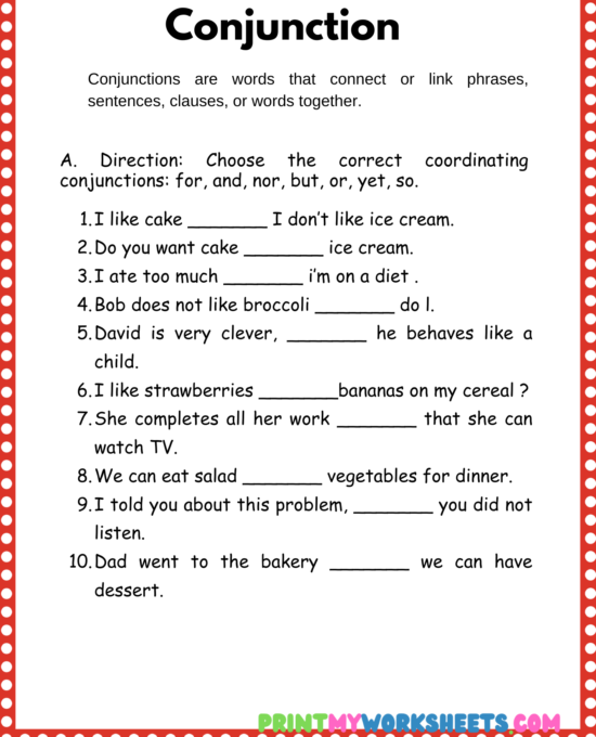 Prepositions and Conjunctions Worksheet for Third Grade | Free PDF Download for Kids