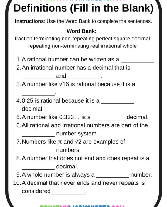 Rational and Irrational Numbers Worksheet for 8th Grade | Free PDF Download for Kids