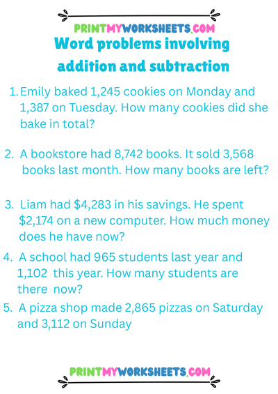 Addition and Subtraction Word Problems Worksheet | Free 4th Grade Math PDF for Real-World Problem Solving