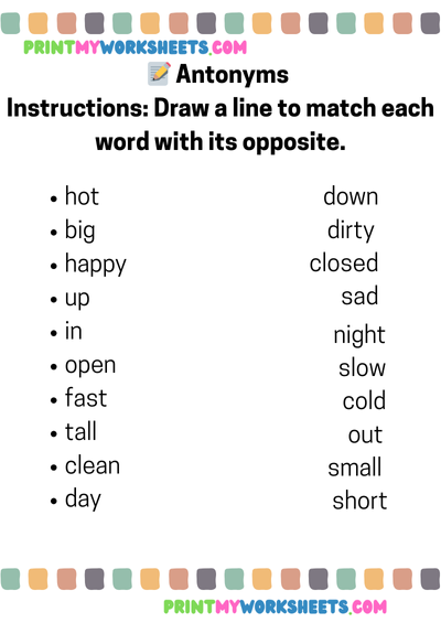 Antonyms Worksheet for First Grade | Free Downloadable PDF for Vocabulary Development and English Language Skills