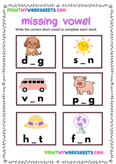 Missing Vowels Worksheet for Kindergarten | Free Downloadable PDF for Learning English Vowels