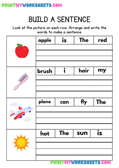 Sentence Building Worksheet for Kindergarten | Free PDF on Arranging Words to Form Sentences