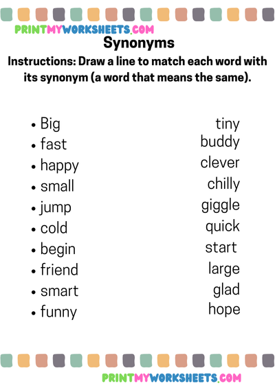Synonyms Worksheet for First Grade | Free Downloadable PDF for Vocabulary Development and Language Enrichment