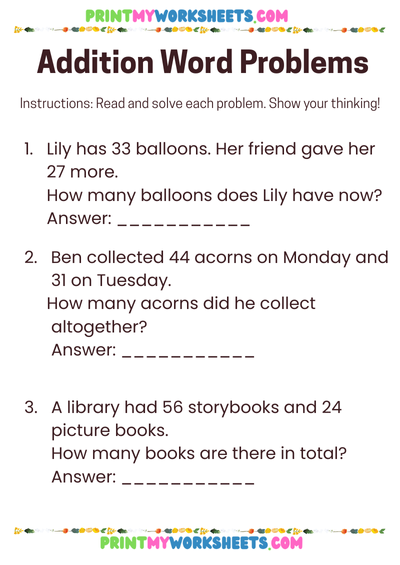 Addition Word Problems Worksheet for 2nd Grade | Free Downloadable PDF for Real-World Math Practice