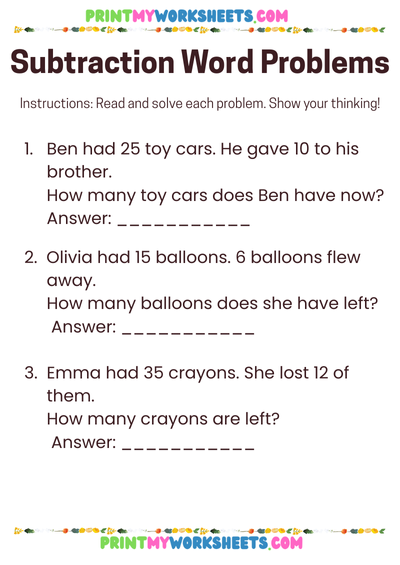 Subtraction Word Problems Worksheet for 2nd Grade | Free Downloadable PDF for Real-Life Math Practice