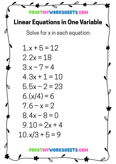 Linear Equations and Inequalities in One Variable Worksheet | Free Algebra PDF for 8th Grade Math Practice