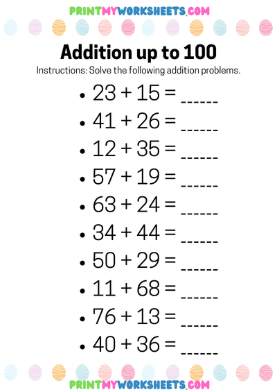 Addition Up to 100 Worksheet | Free 2nd Grade PDF for Building Core Math Skills