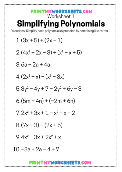 Simplifying and Factoring Polynomials Worksheet | Free Downloadable Algebra PDF for 8th Grade Students