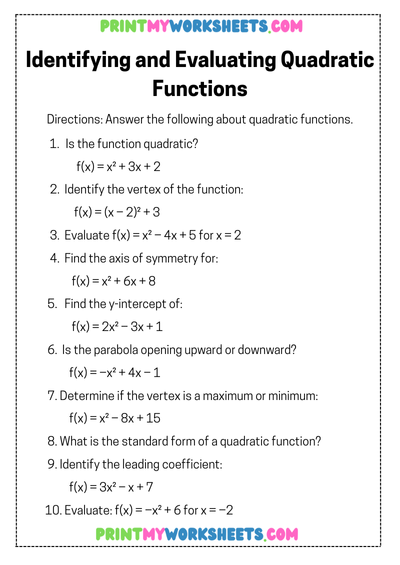 Quadratic Equations and Functions Worksheet | Free Algebra PDF for 8th Grade Students