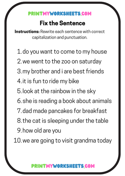 Sentence Structure Worksheet for 2nd Grade | Free PDF on Fixing Capitalization & Punctuation and Rearranging Words to Form Sentences