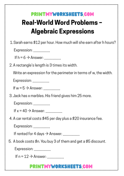 Using Algebraic Expressions to Solve Real-World Problems | Free 8th Grade Algebra Worksheet PDF