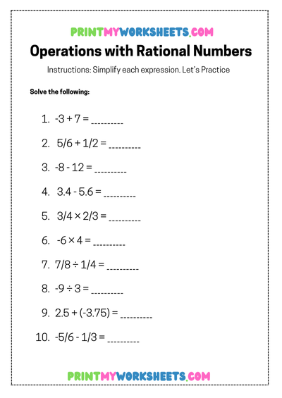 Operations with Rational Numbers Worksheet | Free 7th Grade Math PDF for Numbers and Operations Practice