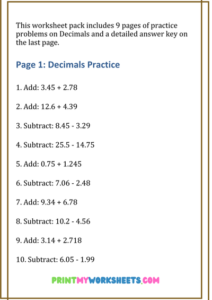 6th Grade Decimals Worksheets PDF | Free Math Downloadable - Print My ...
