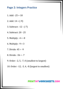 6th Grade Integers Worksheets PDF — Free with Answer Key - Print My ...