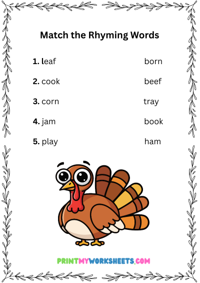 Kindergarten Thanksgiving Rhyming Words Worksheets PDF | Free Downloadable 3 Kindergarten Thanksgiving Rhyming Words Worksheets PDF | Free Downloadable - Image 3