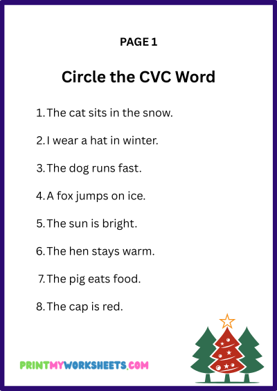 Kindergarten Winter CVC Words Worksheets PDF | Free Downloadable