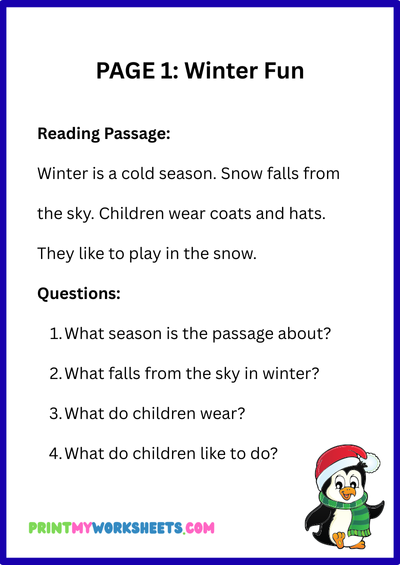 1st Grade Winter Reading Comprehension Worksheets PDF | Free Downloadable