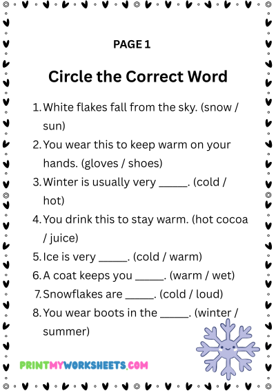 1st Grade Winter Vocabulary Worksheets PDF | Free Downloadable