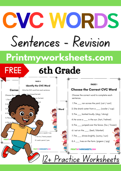 6th Grade CVC Words in Sentences Worksheets PDF