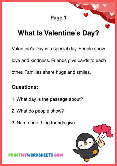 1st Grade Valentine’s Day Reading Worksheets PDF | Free Downloadable