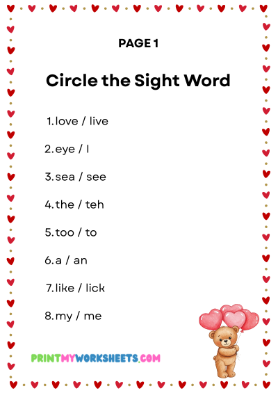 Kindergarten Valentine’s Day Sight Words Worksheets PDF  | Free Downloadable