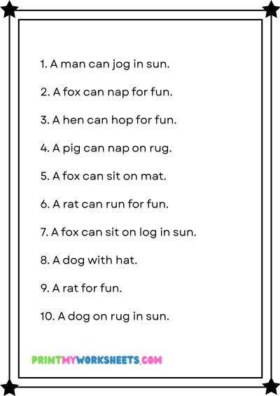 Kindergarten CVC Reading Fluency Sentences Worksheets | Free Downloadable PDF
