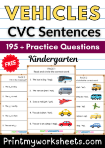 Kindergarten Vehicles CVC Sentences Worksheets PDF