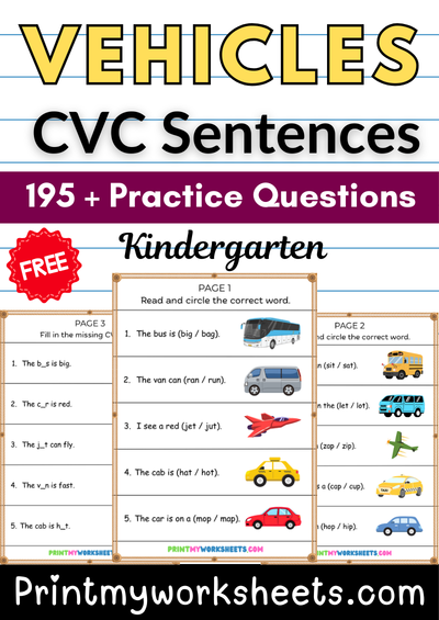 Kindergarten Vehicles CVC Sentences Worksheets PDF