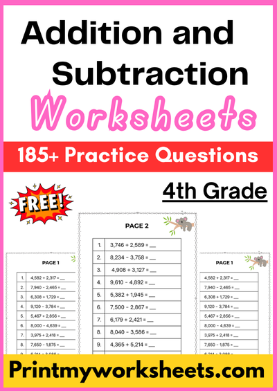 4th Grade Addition Subtraction Math Worksheets PDF