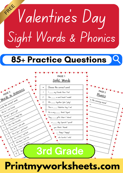 3rd Grade Valentines Day Sight Words Phonics PDF