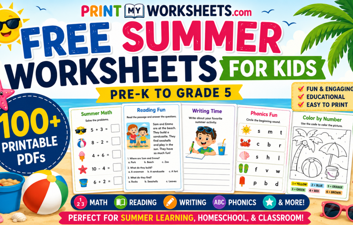 Free summer worksheets for kids printable PDF activities for math reading phonics and writing