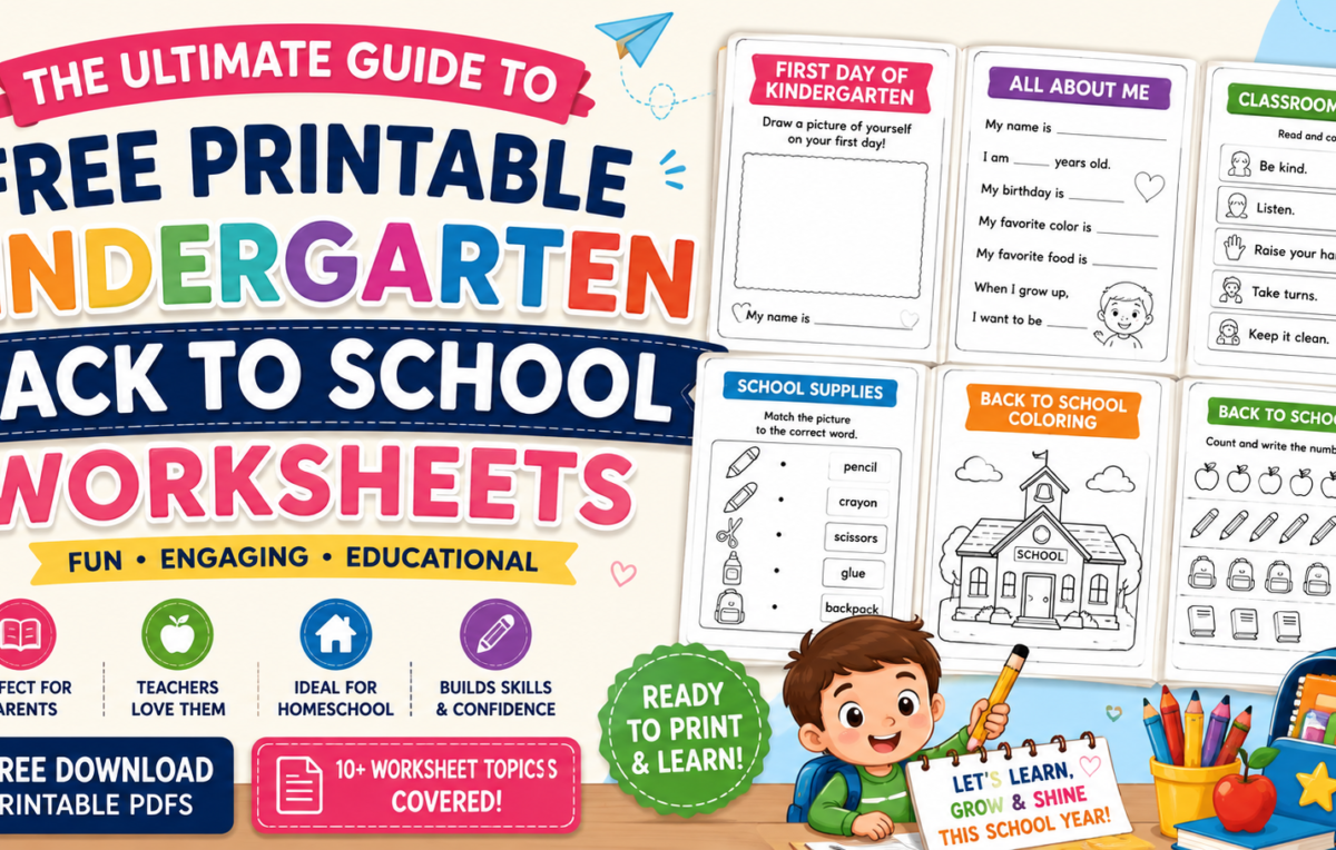 Free Printable Kindergarten Back to School Worksheets featuring First Day, All About Me, Classroom Rules, Math, Reading, and School Supplies activities