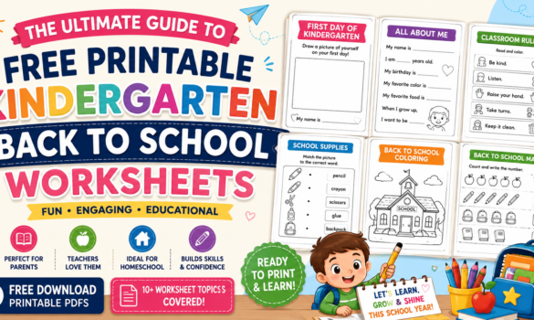 Free Printable Kindergarten Back to School Worksheets featuring First Day, All About Me, Classroom Rules, Math, Reading, and School Supplies activities