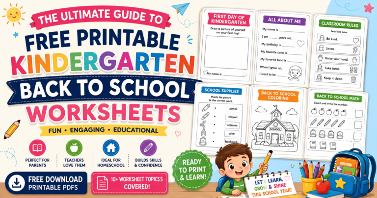 Free Printable Kindergarten Back to School Worksheets featuring First Day, All About Me, Classroom Rules, Math, Reading, and School Supplies activities