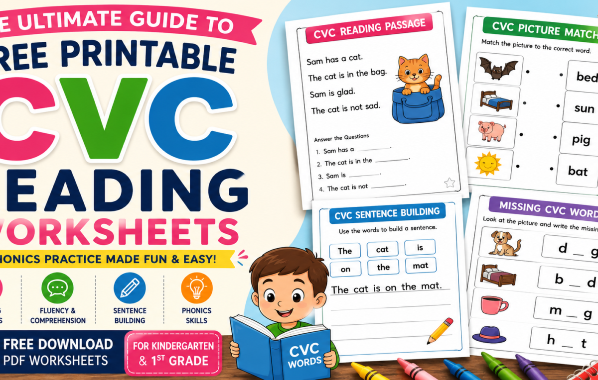 Free Printable CVC Reading Worksheets for Kindergarten and 1st Grade