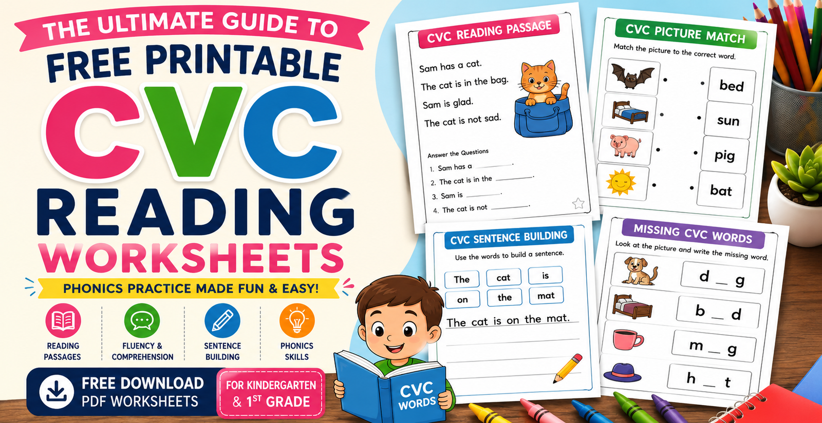 Free Printable CVC Reading Worksheets for Kindergarten and 1st Grade